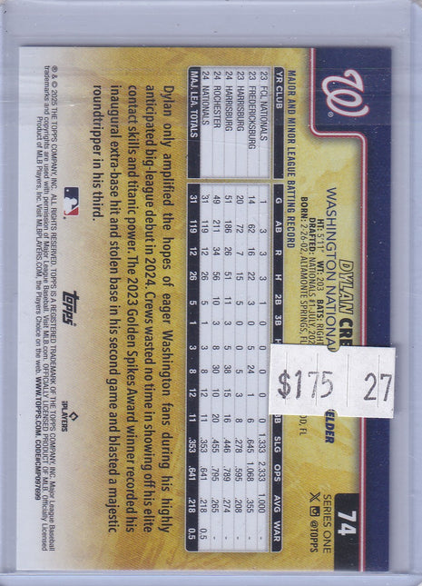 Dylan Crews 2025 Topps Series One #74 Washington Nationals RC