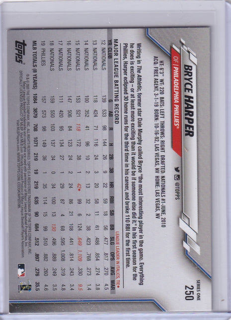 Bryce Harper 2020 Topps Series One #250 Short Print (SP) Photo Variation