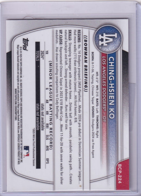 Ching-Hsien Ko 2025 Bowman Chrome #BCP-224 Dodgers Orange Atomic Refractor 4/25