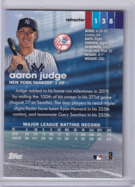 Aaron Judge 2020 Topps Stadium Club Chrome #138 New York Yankees Refractor
