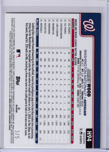 James Wood 2025 Topps Holiday #H94 Washington Nationals RC