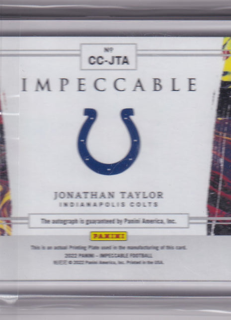 Jonathan Taylor 2022 Impeccable Football #CC-JTA Colts Cyan Printing Plate