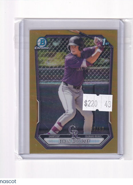 Ethan Holliday 2025 Bowman Chrome #BCP-1 Colorado Rockies Gold Refractor 19/50