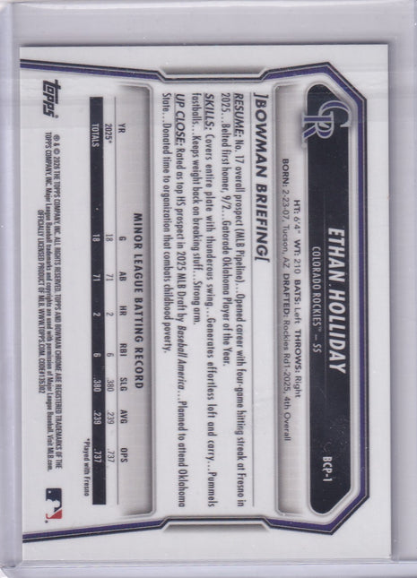 Ethan Holliday 2025 Bowman Chrome #BCP-1 Colorado Rockies Gold Refractor 19/50