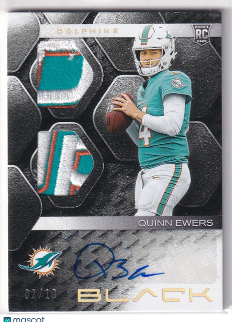 Quinn Ewers 2025 Panini Black Football #RSM-QES Miami Dolphins 02/10 Dual Patch RC