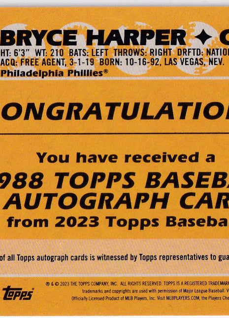 Bryce Harper 2023 Topps 1988 Topps Baseball Autograph #88BA-BHA Philadelphia Phillies