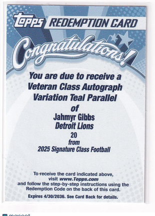 Jahmyr Gibbs 2026 Topps Signature Class Football #20 Detroit Lions Teal Parallel Redemption Card