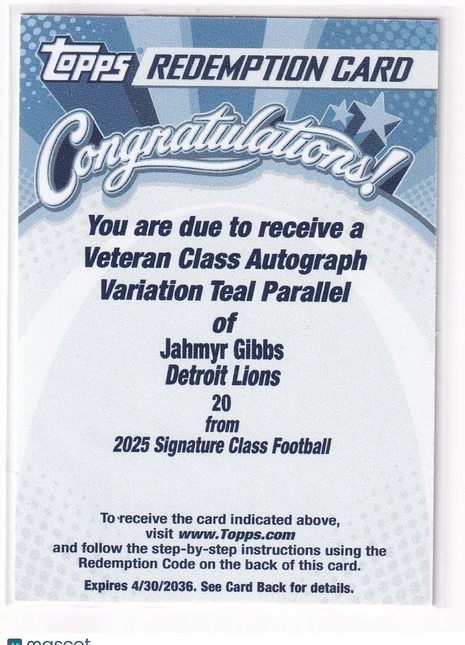 Jahmyr Gibbs 2026 Topps Signature Class Football #20 Detroit Lions Teal Parallel Redemption Card