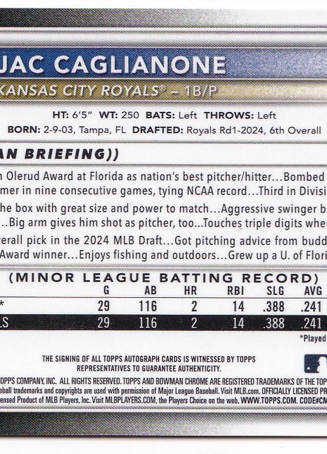 Jac Caglianone 2025 Topps Bowman Chrome #CPA-JCA Kansas City Royals