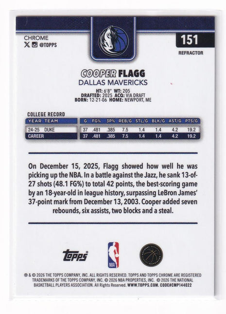 Cooper Flagg 2026 Topps Chrome #151 Dallas Mavericks Refractor RC