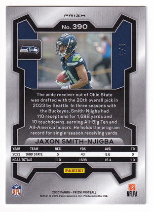 Jaxon Smith-Njigba 2023 Panini Prizm #390 Seattle Seahawks Red & Yellow Prizm RC 1/8
