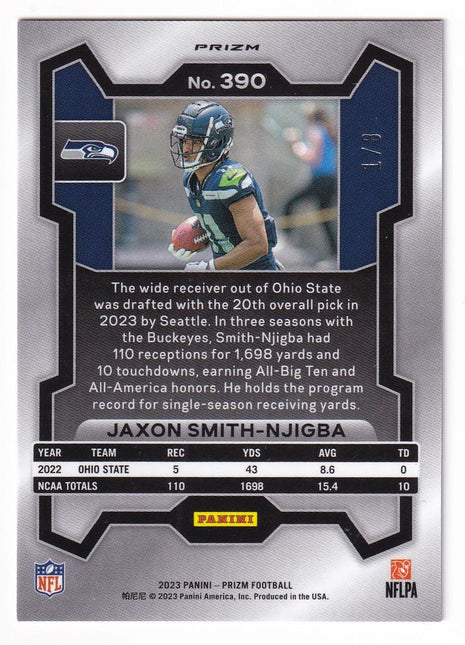 Jaxon Smith-Njigba 2023 Panini Prizm #390 Seattle Seahawks Red & Yellow Prizm RC 1/8