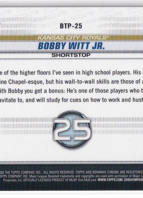 Bobby Witt Jr. 2020 Bowman Chrome Bowman Scouts Top 100 #BTP-25 Kansas City Royals Gold Refractor 08/50