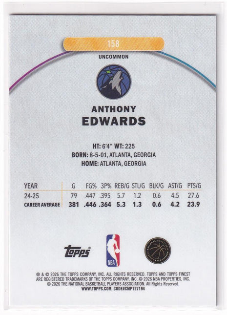 Anthony Edwards 2026 Topps Finest #158 Minnesota Timberwolves Red/Black Geometric Refractor 2/10