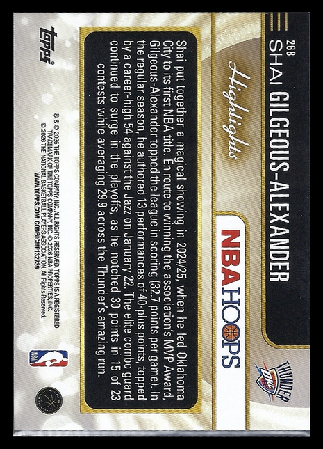 Shai Gilgeous-Alexander 2026 Topps NBA Hoops #268 Oklahoma City Thunder Gold Checkerboard 15/60