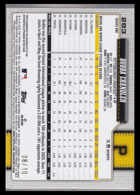 Bubba Chandler 2026 Topps #283 Pirates Black Autograph /10 RC