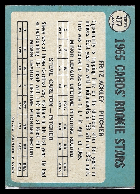 Steve Carlton Fritz Ackley 1965 Topps #477 St. Louis Cardinals