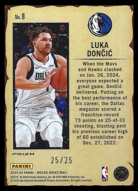 Luka Dončić 2023 Mosaic Notoriety #8 Lakers Mavs White Mosaic 25/25 Bookend