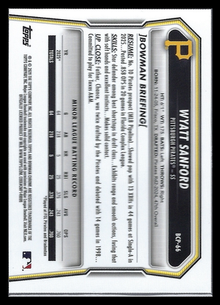 Wyatt Sanford 2025 Topps Bowman Chrome #BCP-66 Pittsburgh Pirates Aqua Mojo Refractor 1st Bowman