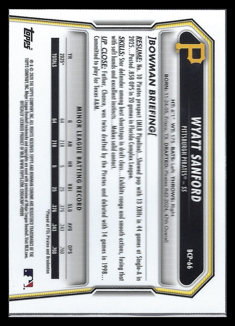 Wyatt Sanford 2025 Topps Bowman Chrome #BCP-66 Pittsburgh Pirates Aqua Mojo Refractor 1st Bowman
