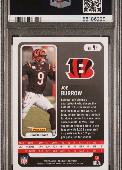 Joe Burrow PSA 10 2022 Panini Absolute #44 Purple Rain 02/10