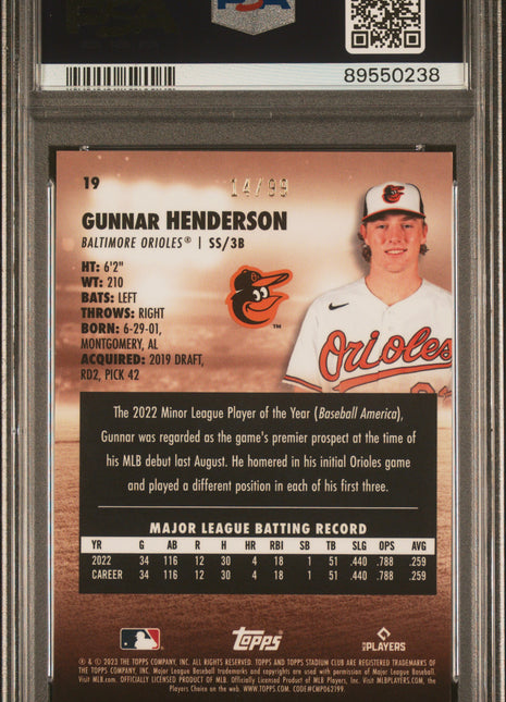 Gunnar Henderson PSA 9 2023 Topps Stadium Club #19 Chrome Orange Refractor