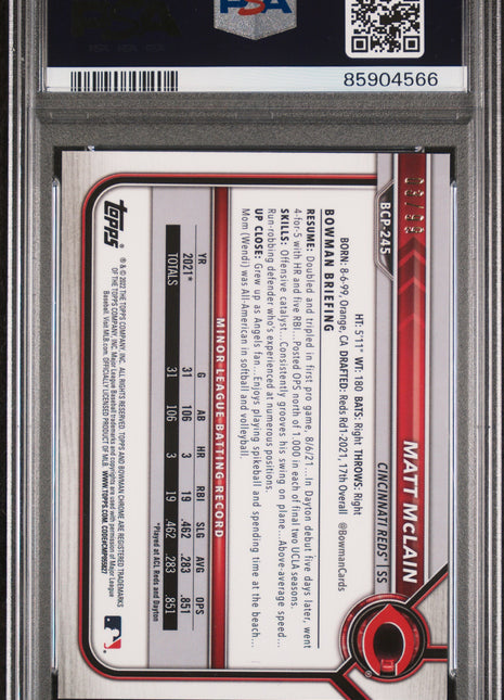 Matt Mclain PSA 9 2022 Bowman Chrome Prospects #BCP245 GRN. Shmr. Refractor