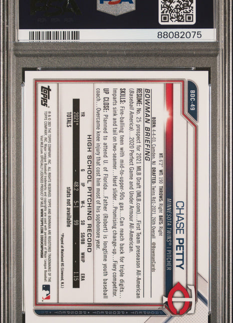 Chase Petty PSA 10 2021 Bowman Draft #BDC49 Chrome Green Sparkle Refractor 45/99