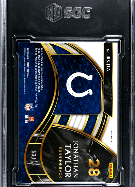 Jonathan Taylor SGC 9.5 2020 Panini Select #JRS-JTA Jumbo Rookie SIG. Swatch White Prizm 75