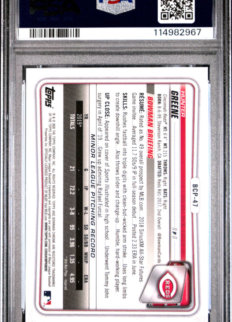 Hunter Greene PSA 10 2020 Bowman Chrome Prospects #BCP47 Blue Shimmer 079/160