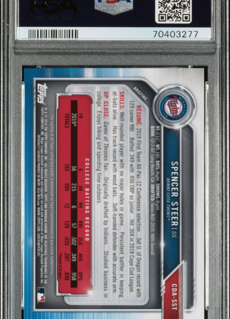 Spencer Steer PSA 9 2019 Bowman Draft Chrome Picks Autograph #CDASST Black /75