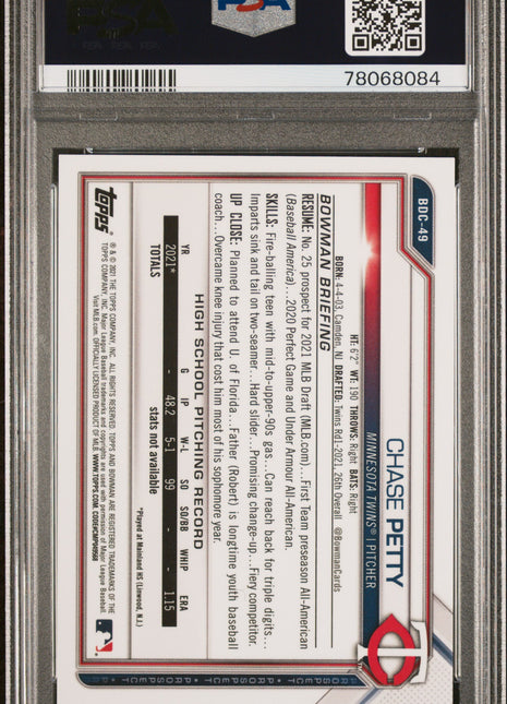 Chase Petty PSA 10 2021 Bowman Draft #BDC49 Chrome Gold Refractor 05/50