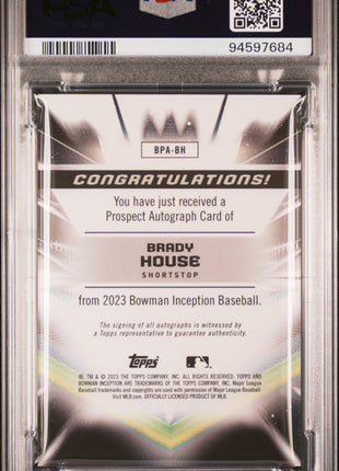 Brady House PSA 10 2023 Bowman Inception Autographs #BPABH Gold Foil 15/50