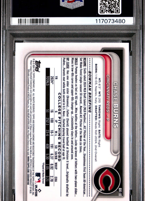 Chase Burns PSA 10 2024 Bowman Draft Sapphire Edition #BDC55