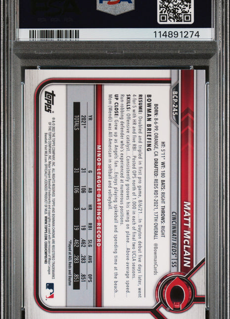 Matt Mclain PSA 10 2022 Bowman Chrome Sapphire Edition Prospects #BCP245