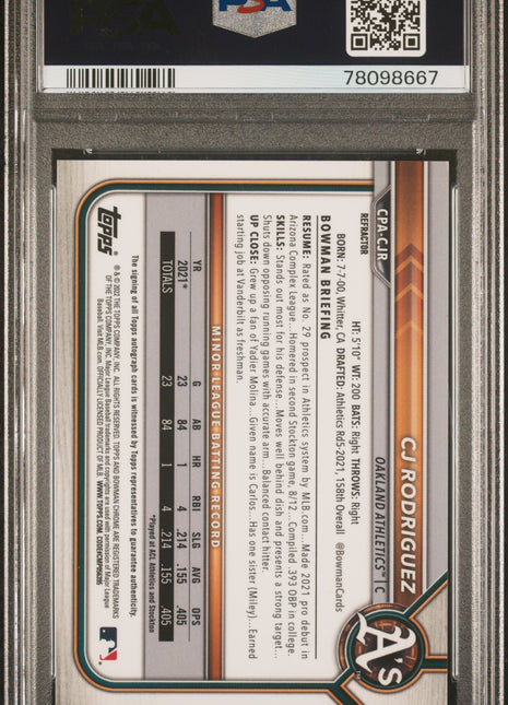 CJ Rodriguez PSA 9 2022 Bowman Chrome Prospect Autographs #CPACJR Refractor /499