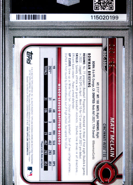 Matt Mclain PSA 10 2022 Bowman Draft #BDC100 CHR Aqua Lava Refractor