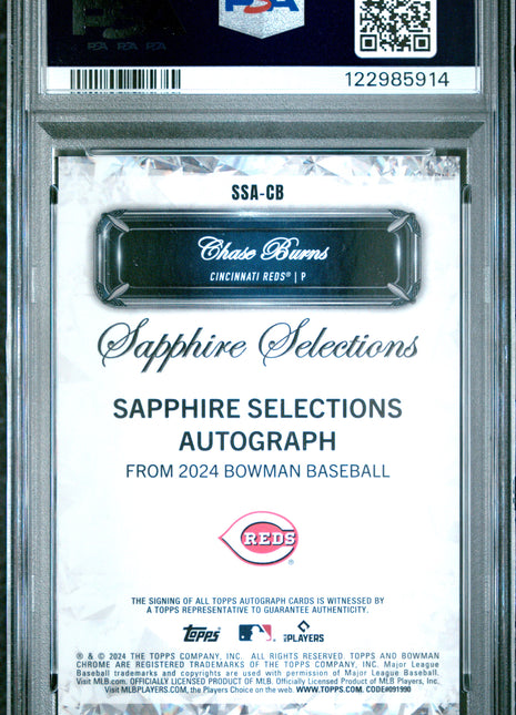 Chase Burns PSA 10 2024 Bowman Draft Sapphire Edition Sapphire Selections Autographs #SSACB