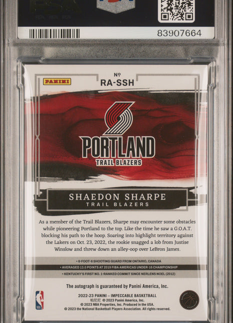 Shaedon Sharpe PSA 9 2022 Panini Impeccable Rookie Auto #RASSH RK Holo Gold /10