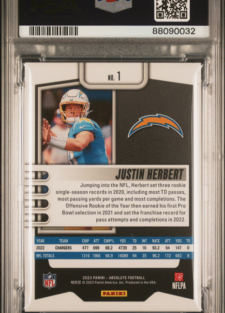 Justin Herbert PSA 9 2023 Panini Absolute #1 Splash Spectrum 02/16