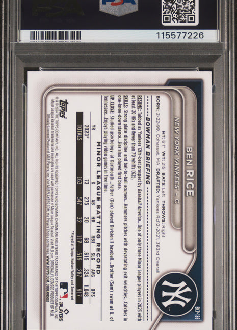 Ben Rice PSA 10 2024 Bowman Chrome Prospects #BCP186 Speckle Ref