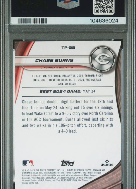 Chase Burns PSA 9 2024 Bowman's Best Top Prospects #TP28 Purple Ref 105/250