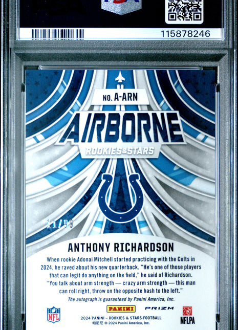 Anthony Richardson PSA 9 2024 Panini Rookies & Stars Airborne #AARN Autograph