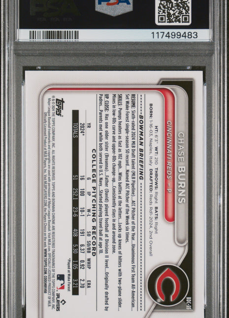 Chase Burns PSA 10 2024 Bowman Draft Sapphire Edition #BDC55