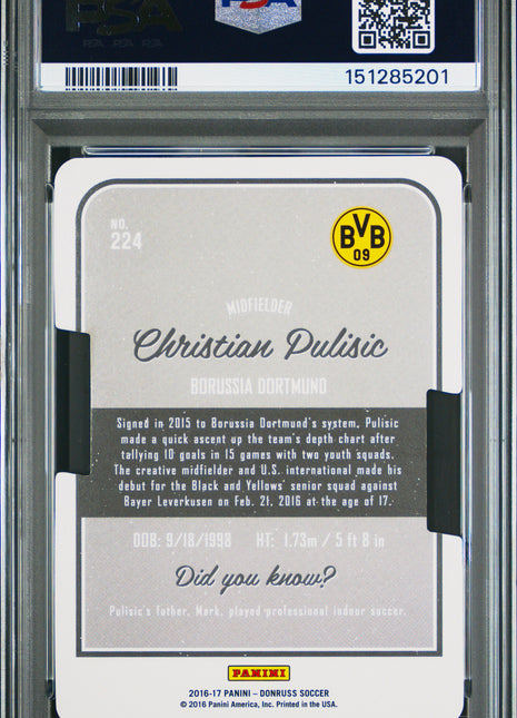 Christian Pulisic PSA 10 2016 Panini Donruss #224 Press Proof Die Cut 140/149