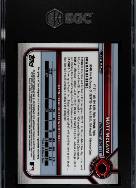 Matt Mclain SGC 10 2022 Bowman #CPA-MM CHR. Pros. Autograph Green Shim. Refractor 99
