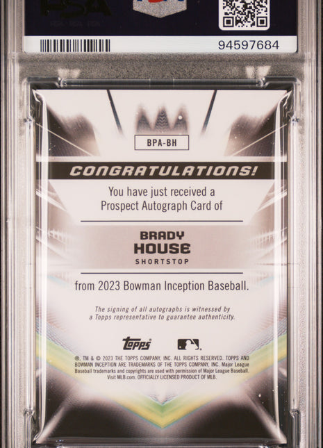 Brady House PSA 10 2023 Bowman Inception Autographs #BPABH Gold Foil /50