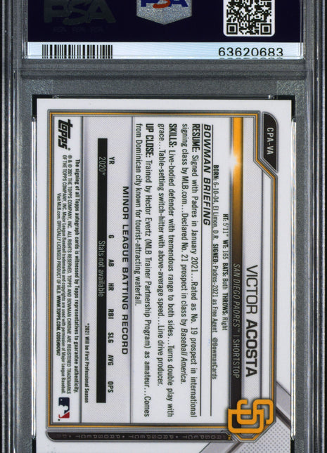 Victor Acosta PSA 10 2021 Bowman Chrome Prospect Auto #CPAVA Speckle /299
