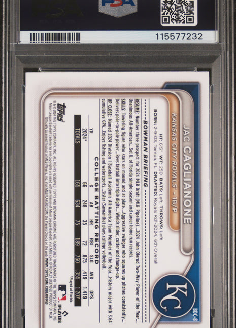 Jac Caglianone PSA 9 2024 Bowman Draft #BDC8 Chrome
