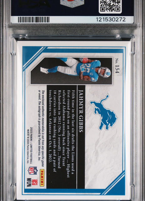 Jahmyr Gibbs PSA 9 2023 Panini Limited #154 Patch Autograph Jumbo 38/99